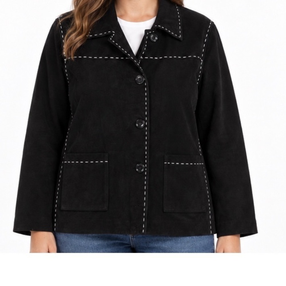 Denim & Co Black Suede Leather Whipstitch Button Front Jacket Coat Large L